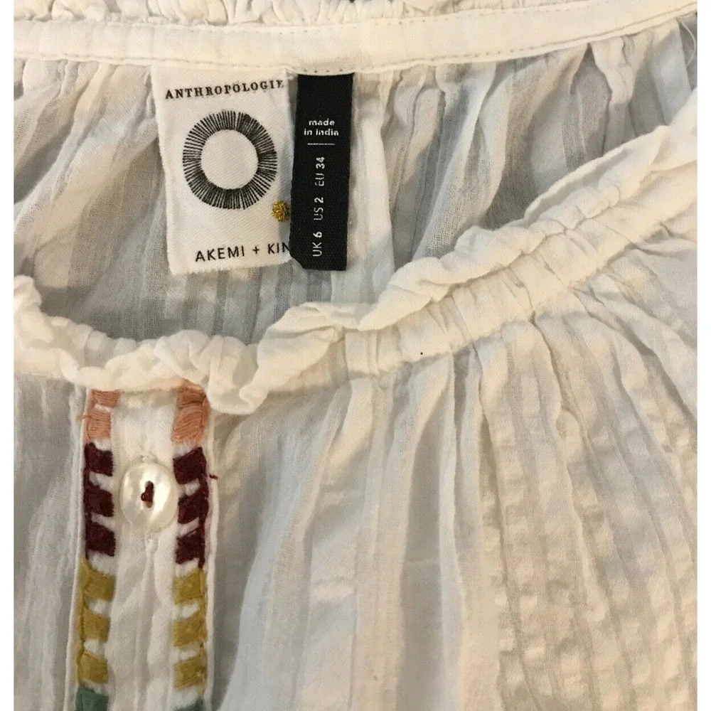 Anthropologie Akemi + Kin Pajaro Embroidered Peasant Blouse Size 2 White Boho